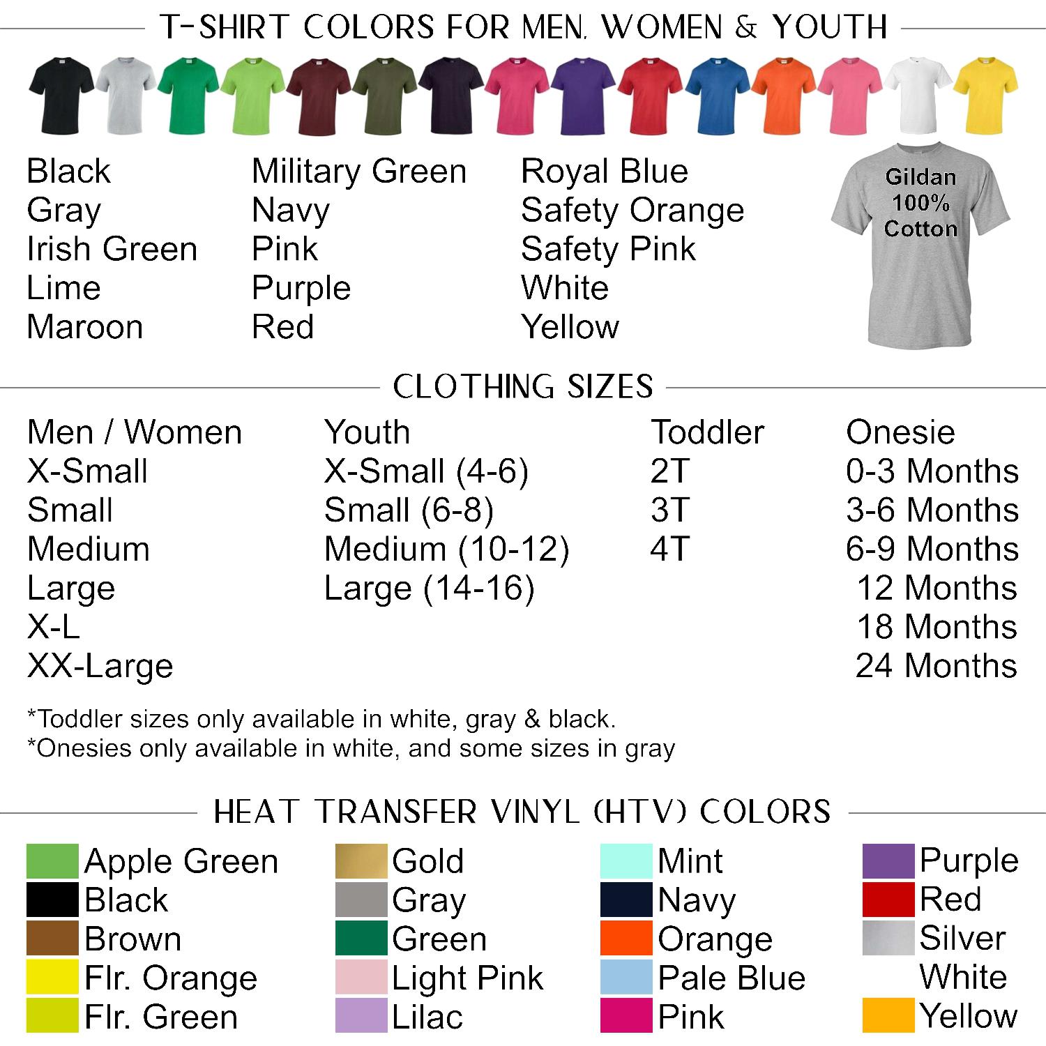 Crafter's World Custom Clothing Colors and Sizes Chart