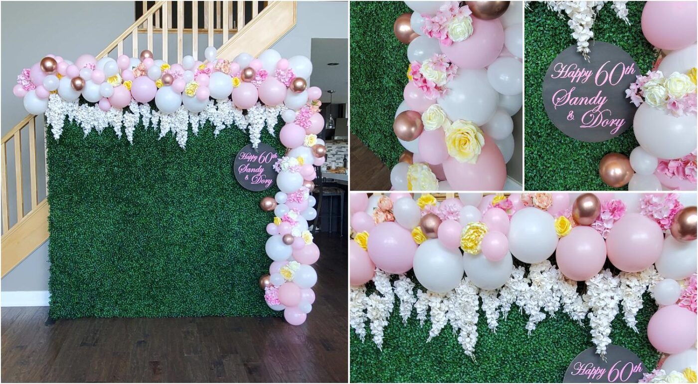 Crafter's World Event Decor Green Wall with Pink and White Balloon Garland