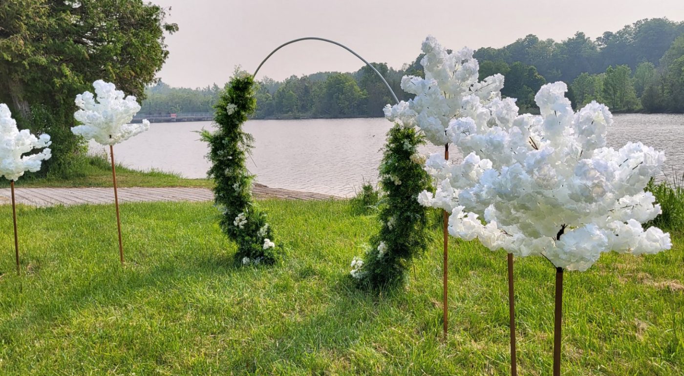 Crafter's World Green Arch and Cherry Blossom Trees Event Decor